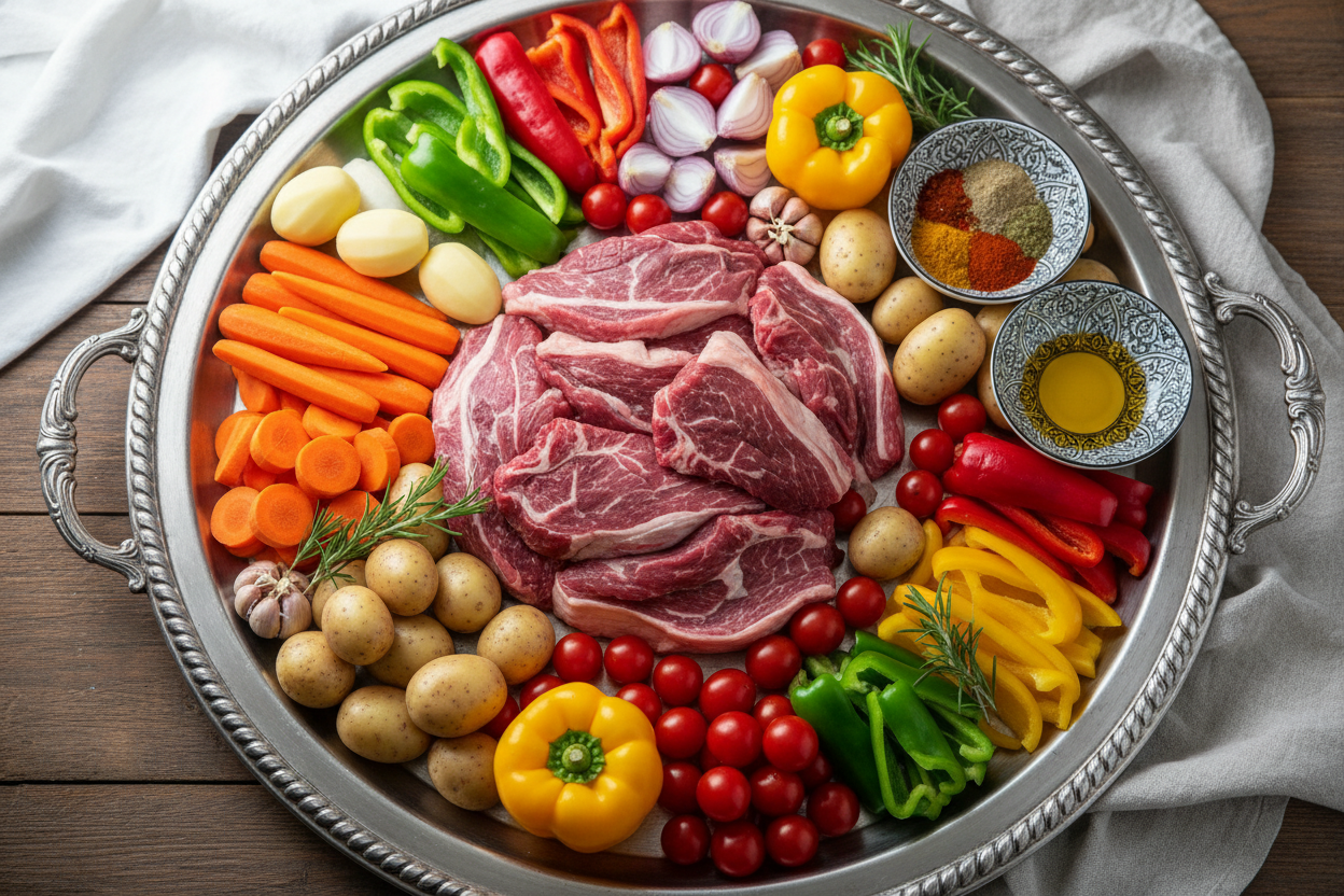  صينية لحم خروف نعيمي بالخضار يعتمد بشكل أساسي على استخدام لحم "الخروف النعيمي (طازجة وليست مطبوخة)