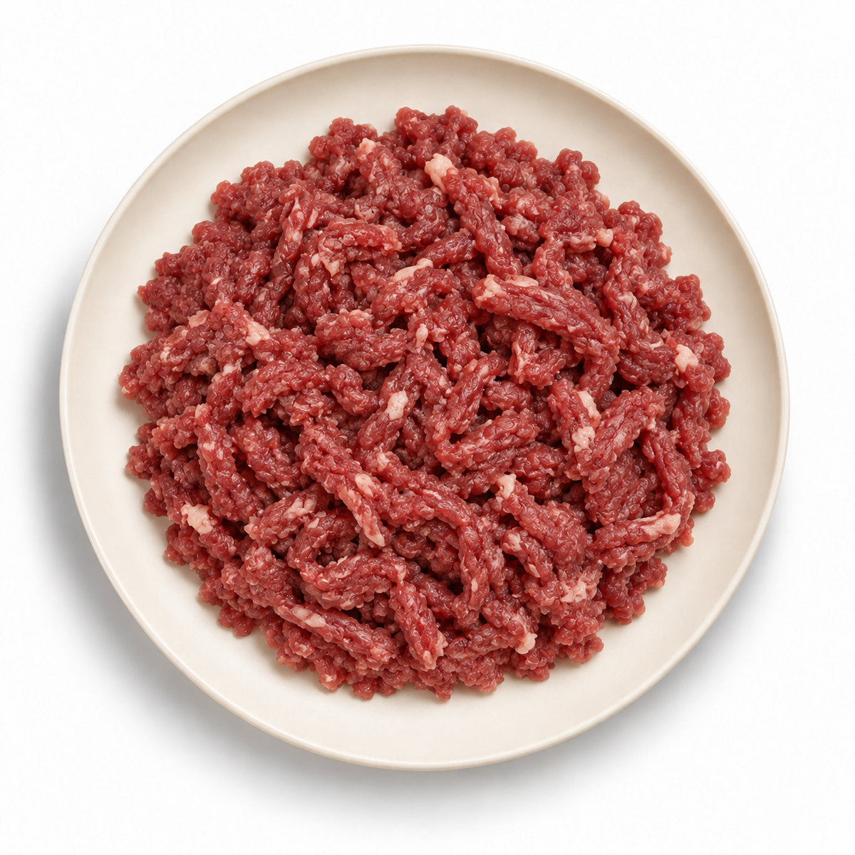 Camel mince on an ivory plate against a white background