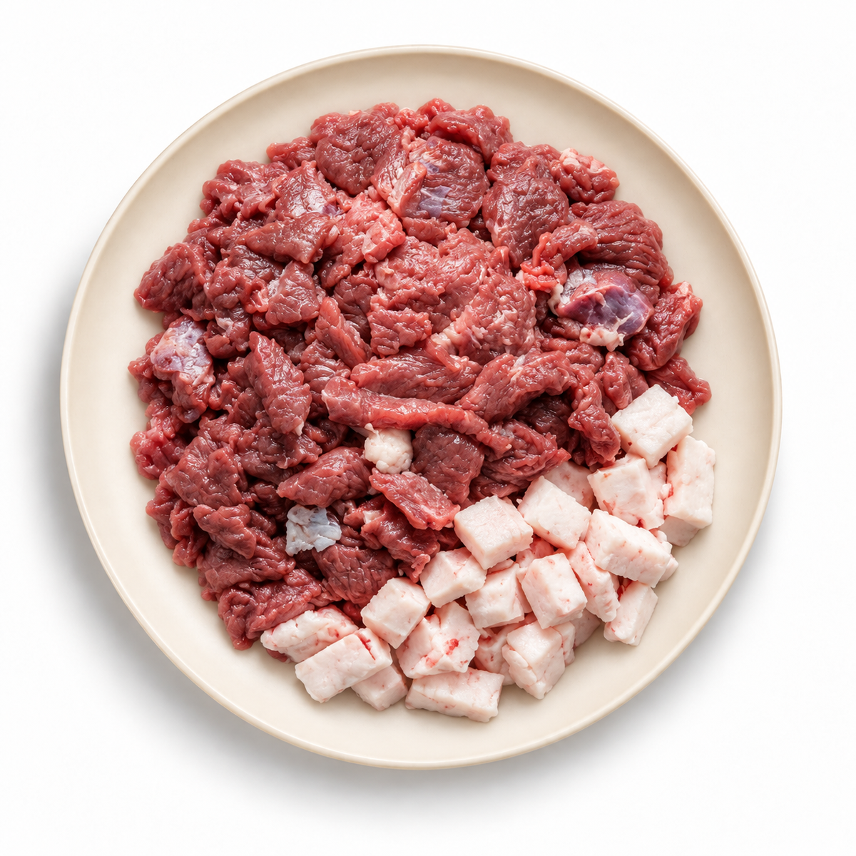Ras Al Asfoura diced meat on an ivory plate against a white background